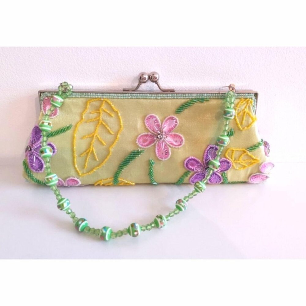 NWT Evening purse clutch bag satin beaded Green Purple Pastels - Picture 5 of 7